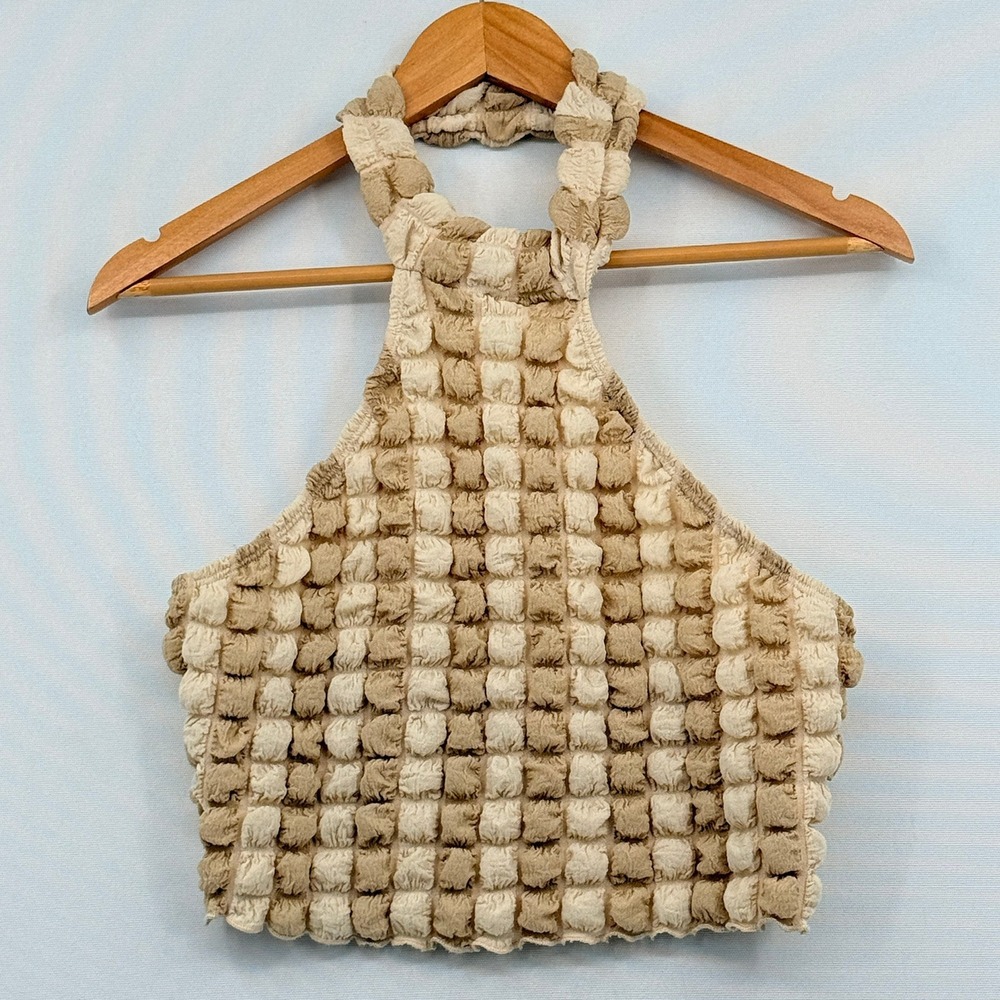 Shein Popcorn Halter Top Womens Medium 6 Beige Bubble Texture Y2K Retro Boho NEW